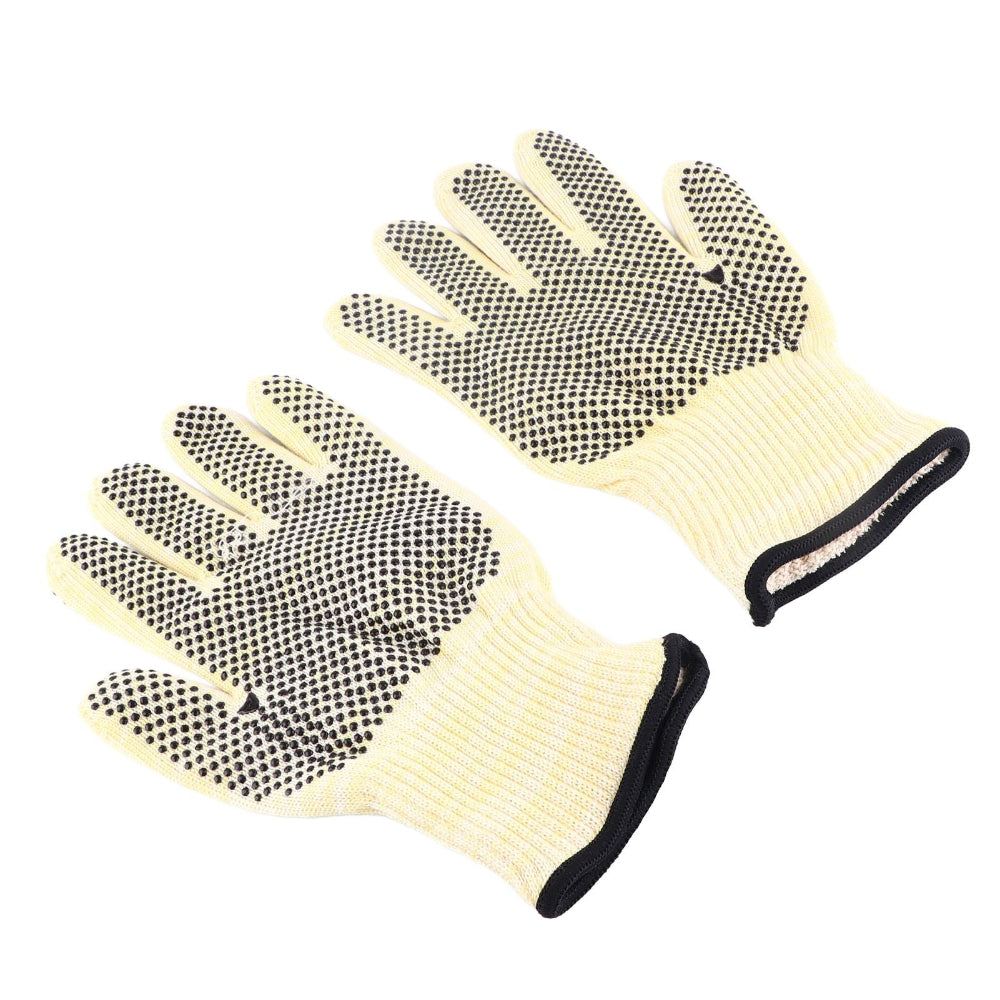 Pair of beige gloves with black textured palm on a white background