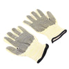 Pair of beige gloves with black textured palm on a white background