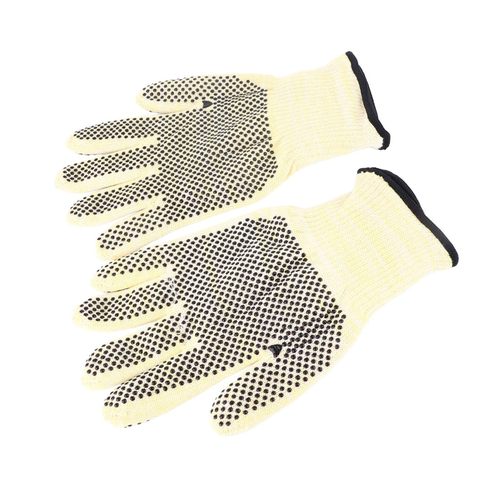 Pair of gloves with black textured dots on a white background