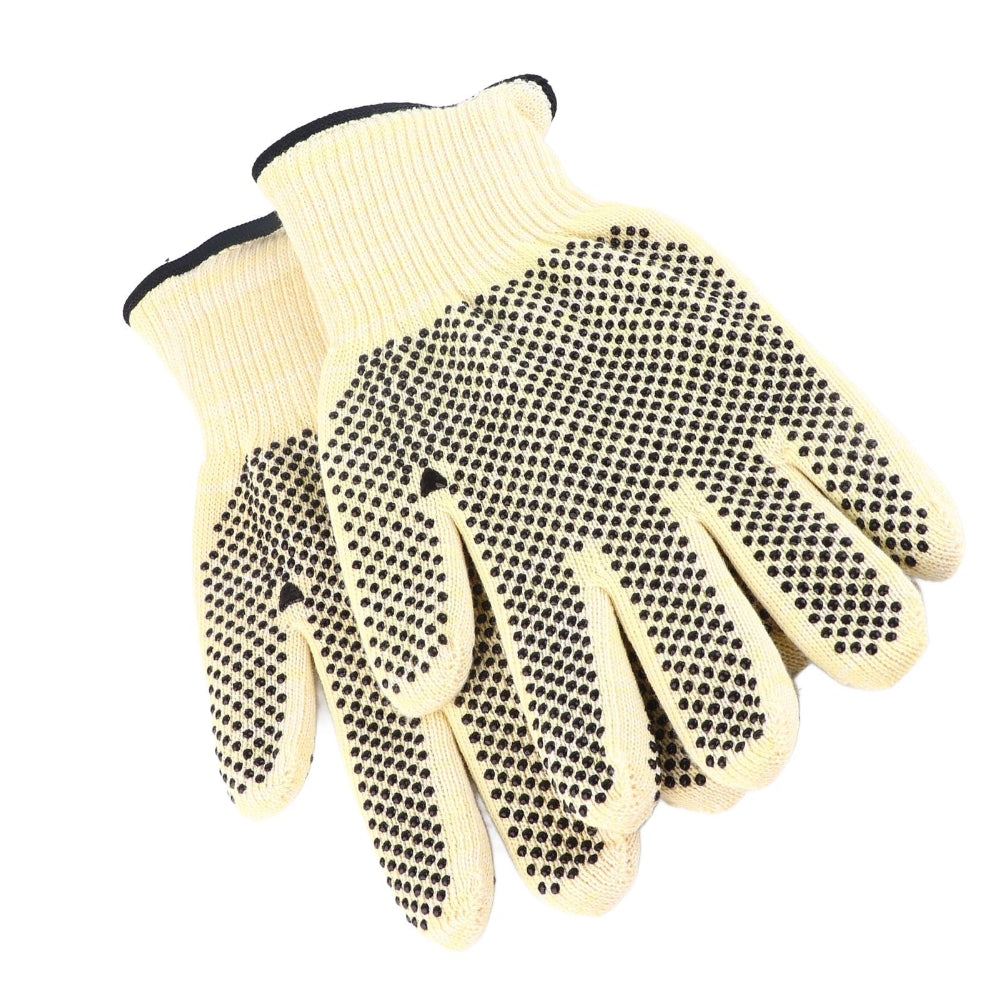 Pair of beige work gloves with black grip dots on a white background