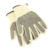 Pair of beige work gloves with black grip dots on a white background
