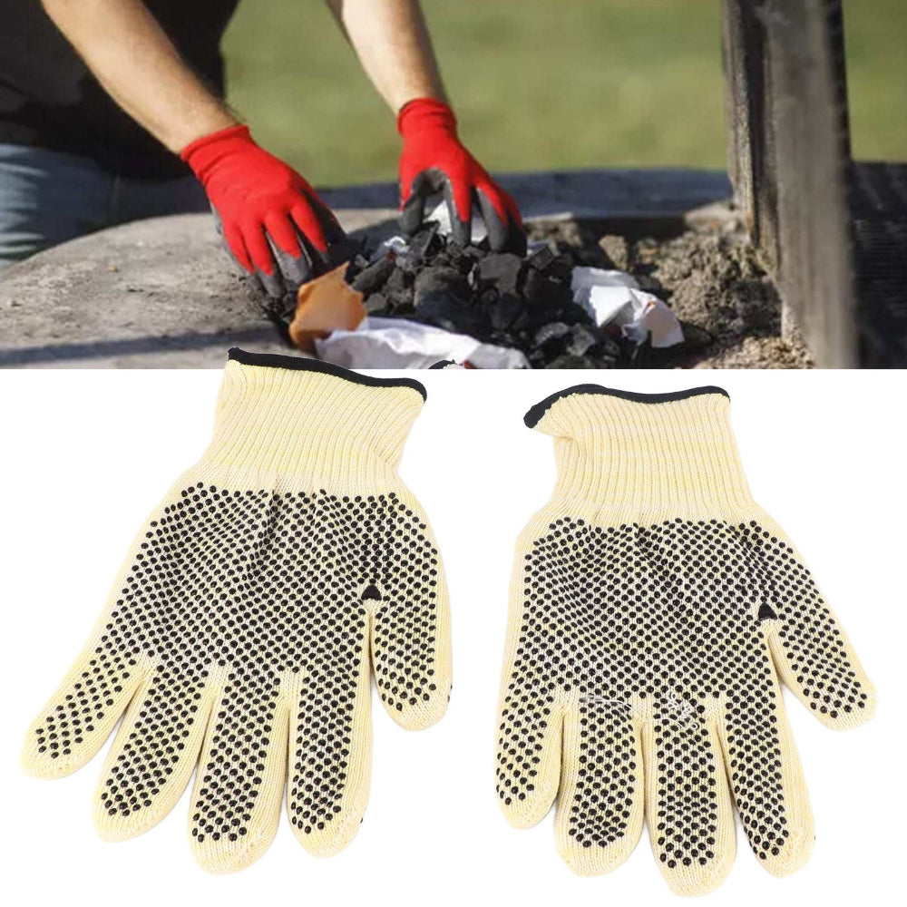 Person wearing red gloves arranging charcoals in fire pit, followed by a close-up of beige work gloves with black dots.