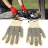 Person wearing red gloves arranging charcoals in fire pit, followed by a close-up of beige work gloves with black dots.