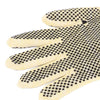 Beige work glove with black textured dots on a white background