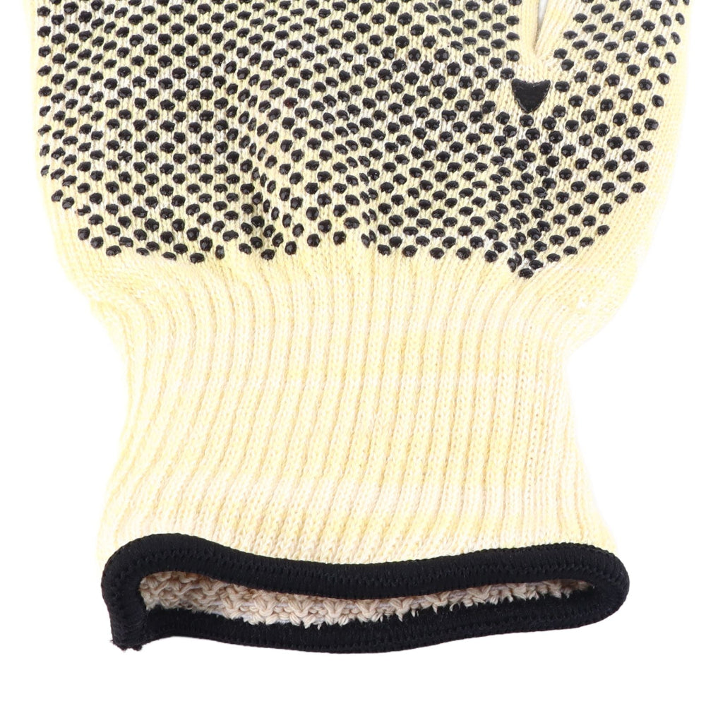 Close-up of a beige work glove with black textured palm on a white background