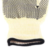 Close-up of a beige work glove with black textured palm on a white background