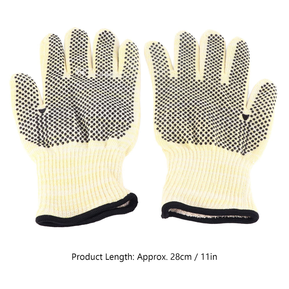 Pair of beige gloves with black textured palm on a white background