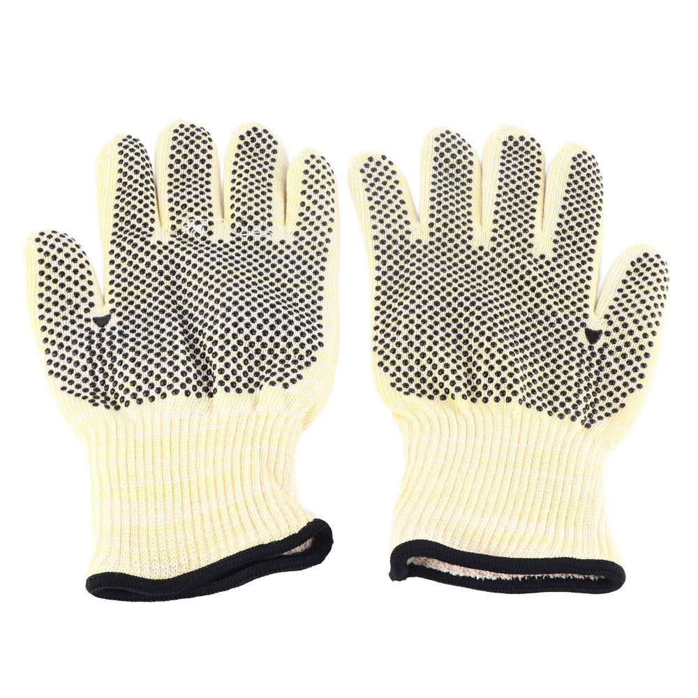 Pair of beige gloves with black textured palm on a white background