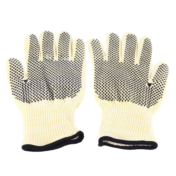 Pair of beige gloves with black textured palm on a white background