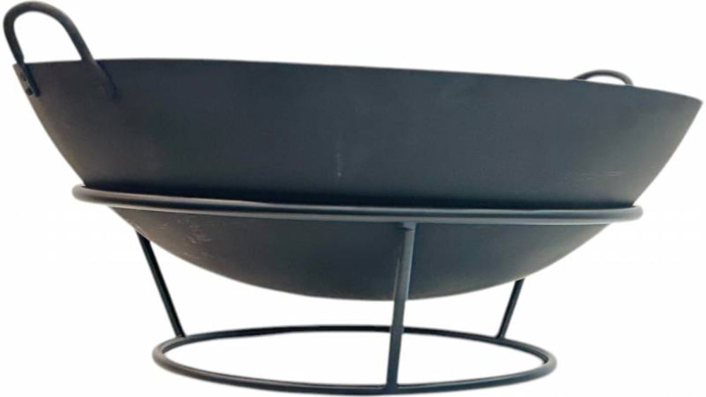 Black metal fire pit bowl with stand on a white background