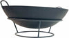 Black metal fire pit bowl with stand on a white background