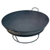 Black metal fire pit with a round design on a white background