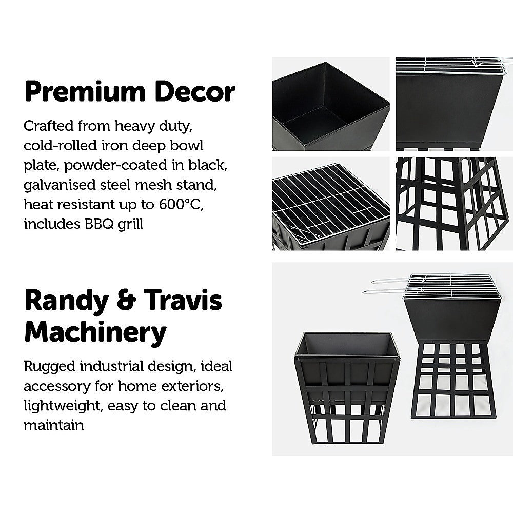 Black metal decor piece with text describing its features and brand.