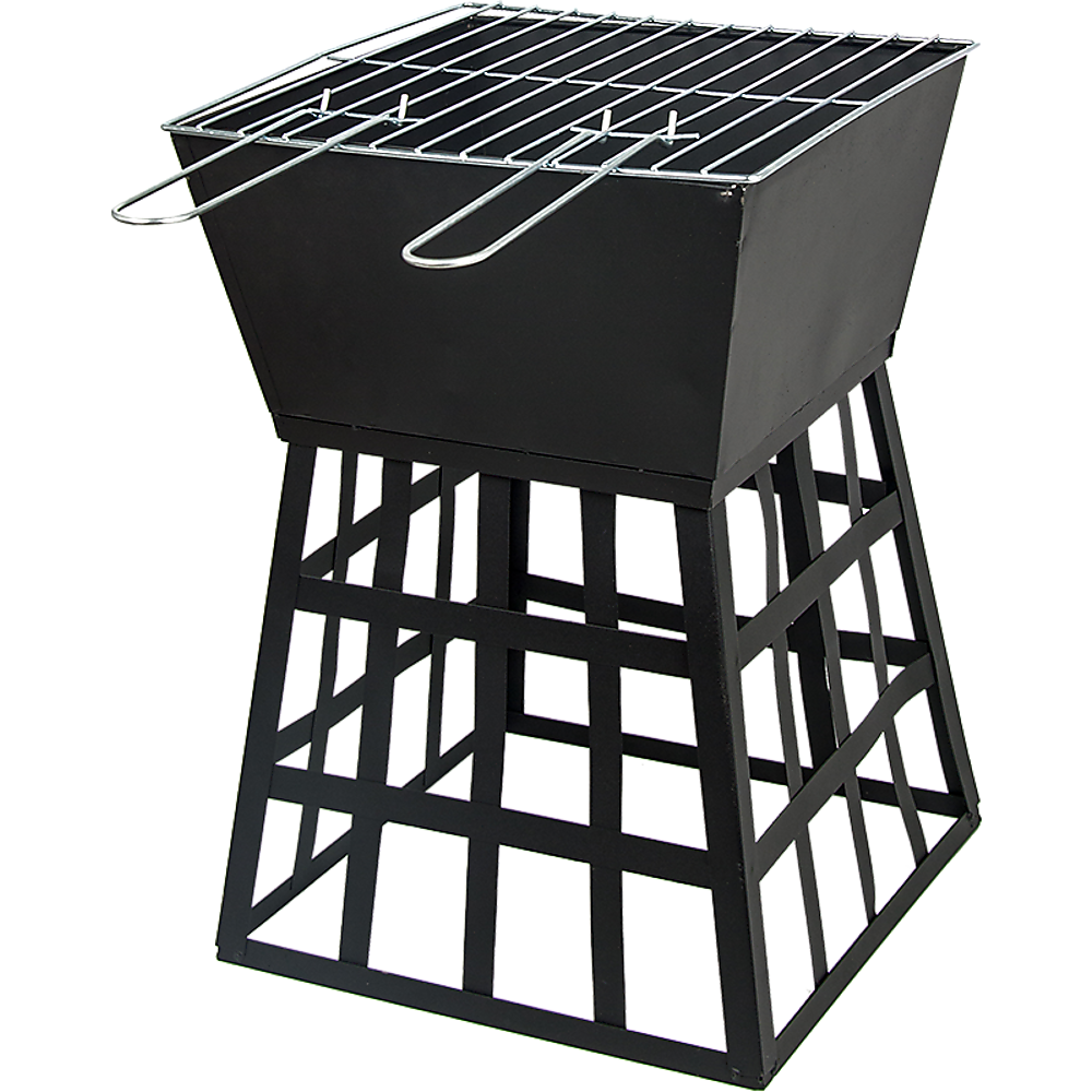 Black metal grill with a grid on a white background