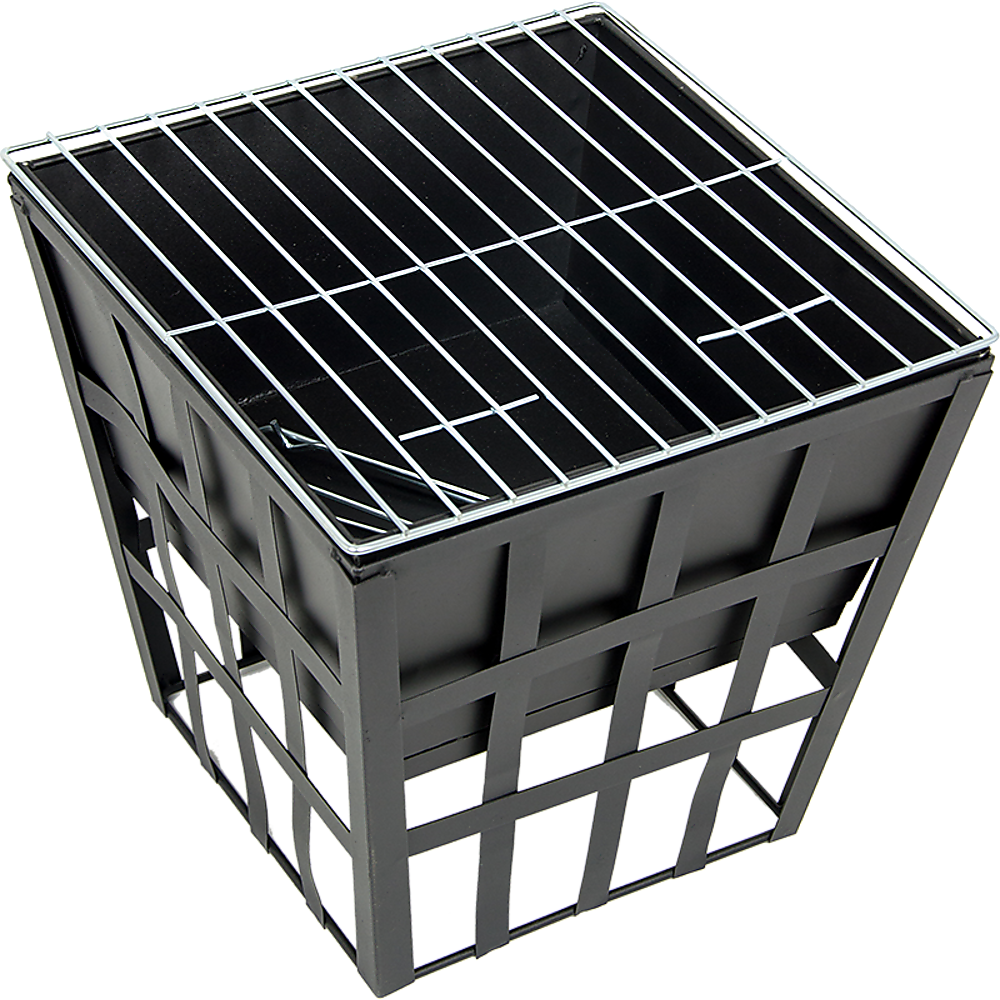 Black metal grill basket on a white background
