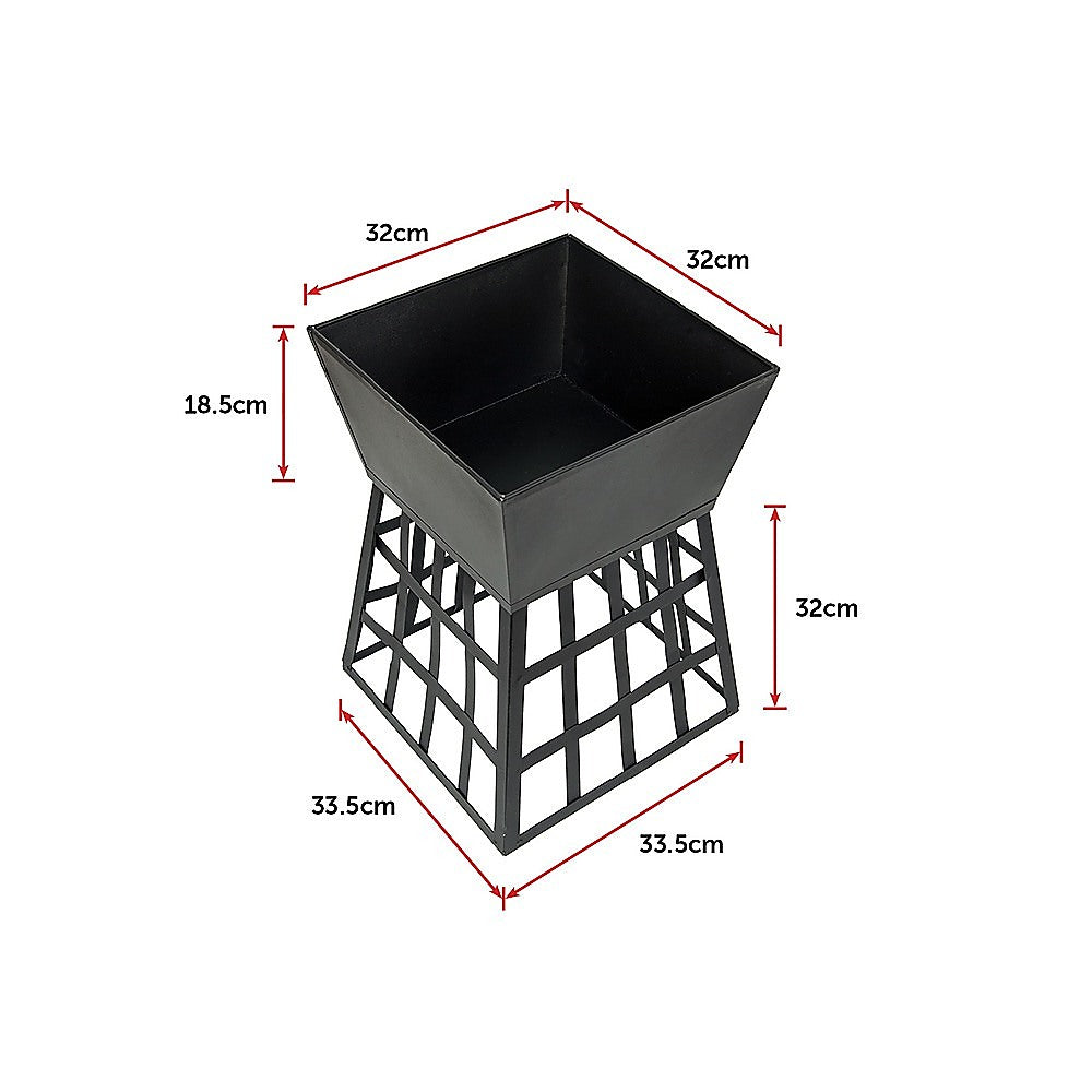 Black metal firepit with dimensions indicated on a white background