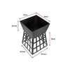 Black metal firepit with dimensions indicated on a white background