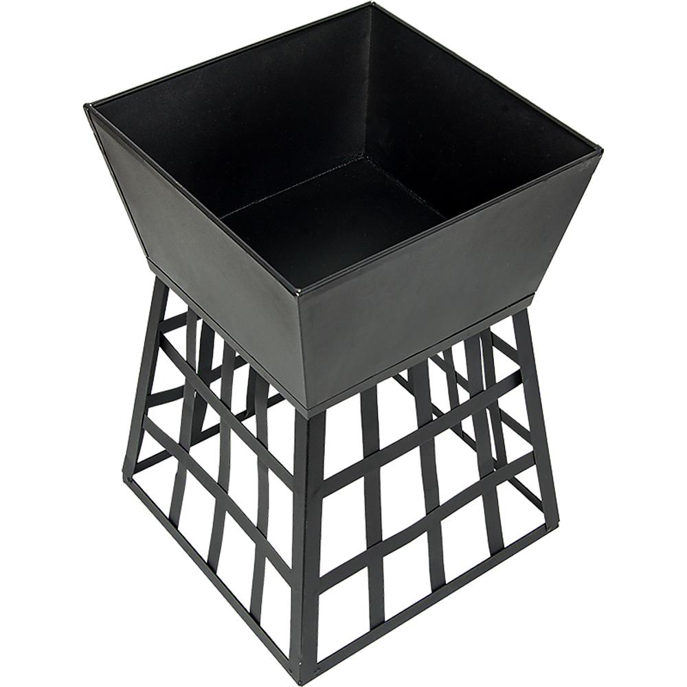 Black metal firepit with geometric base on a white background