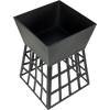 Black metal firepit with geometric base on a white background