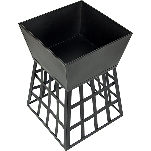 Black metal firepit with geometric base on a white background