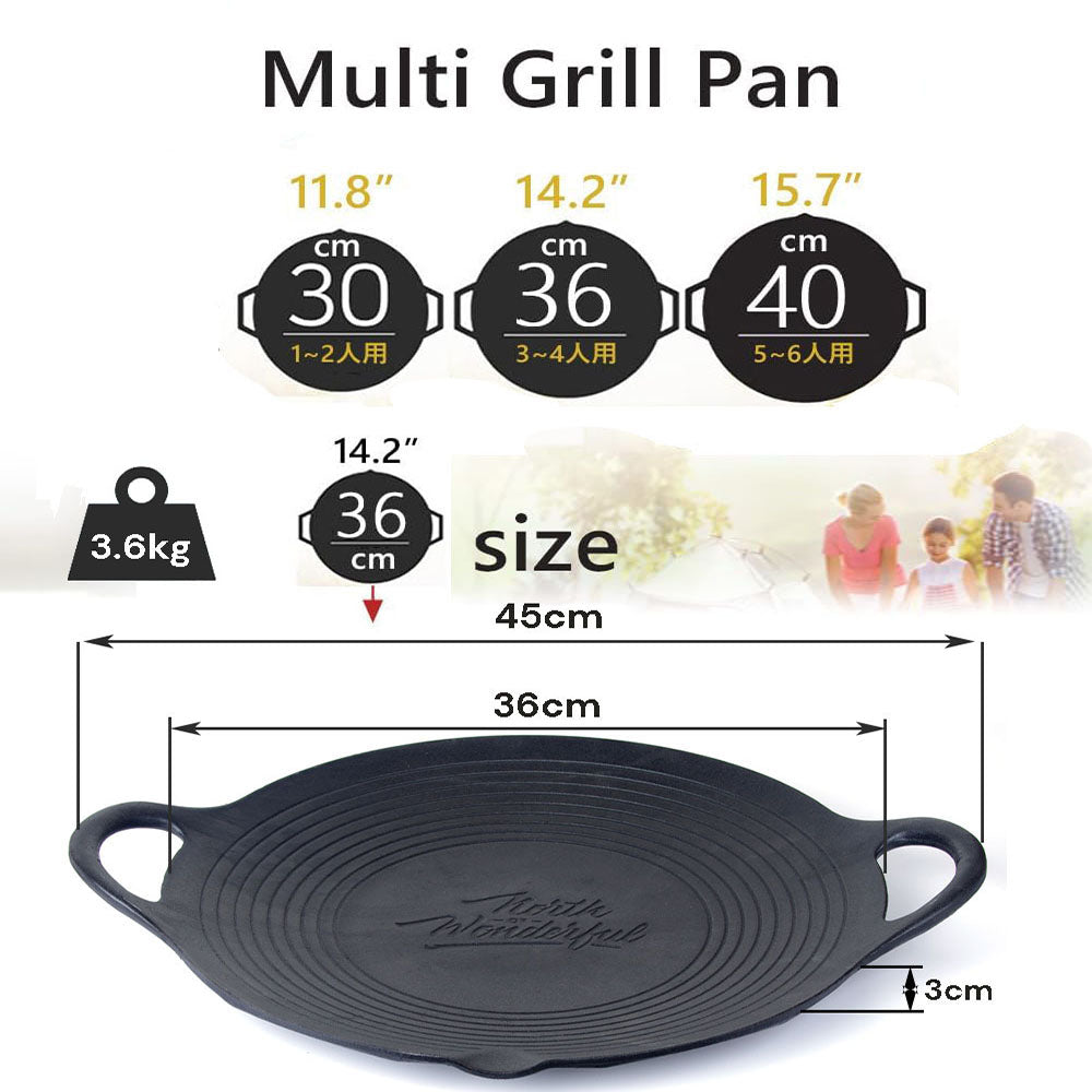 Cast Iron Korean Japanese BBQ Barbecue Grill Pan Plate Round Griddle  showing dimensions 
