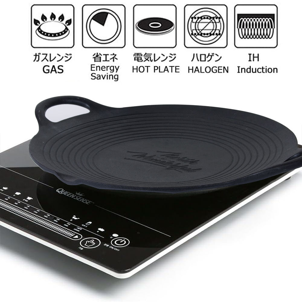 Cast Iron 36cm Korean Japanese BBQ Barbecue Grill Pan Plate Round Griddle Plate showing what it can be used to cook on