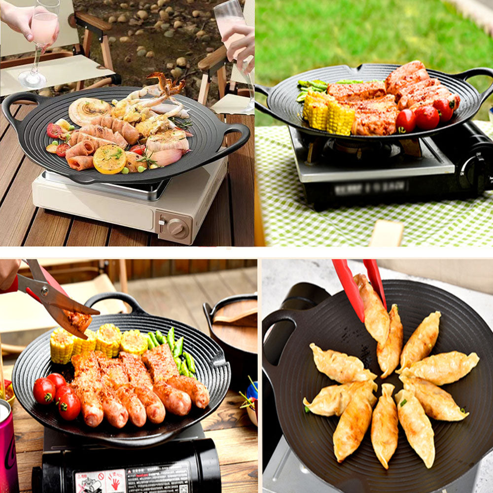 Cast Iron Korean Japanese BBQ Barbecue Grill Pan Platewith four different meals cooking