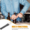 Person using a multi-functional tool to open a beer bottle in a kitchen setting.