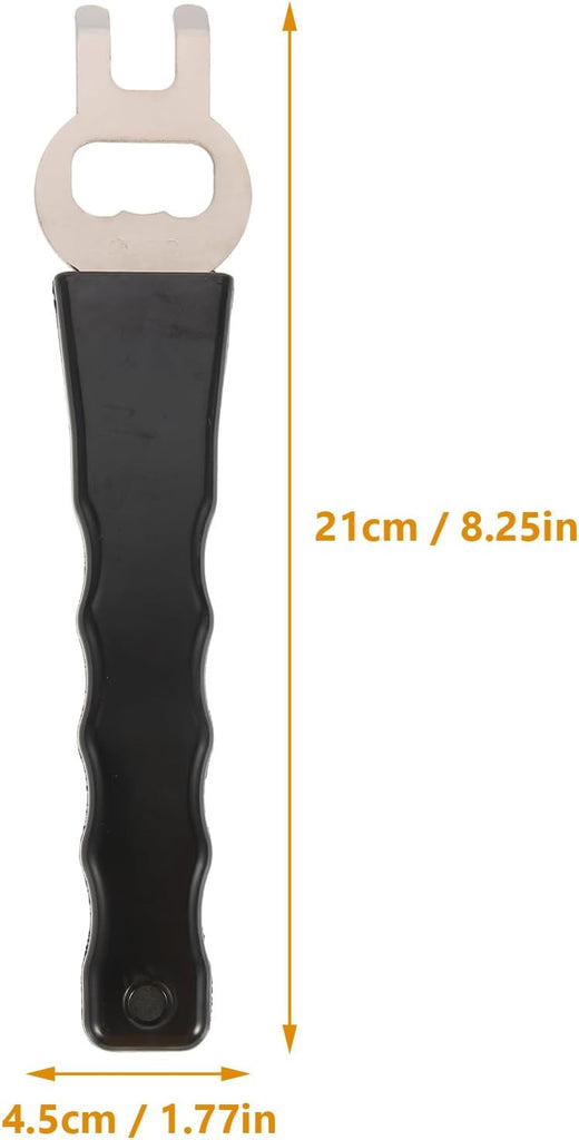 Black tool with white handle and measurements on a white background