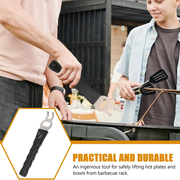 Two people using a tool to safely lift hot plates from a barbecue rack, with an inset showing the tool.