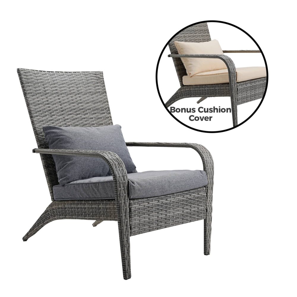 Gray wicker chair with cushions and a bonus cushion cover on a white background