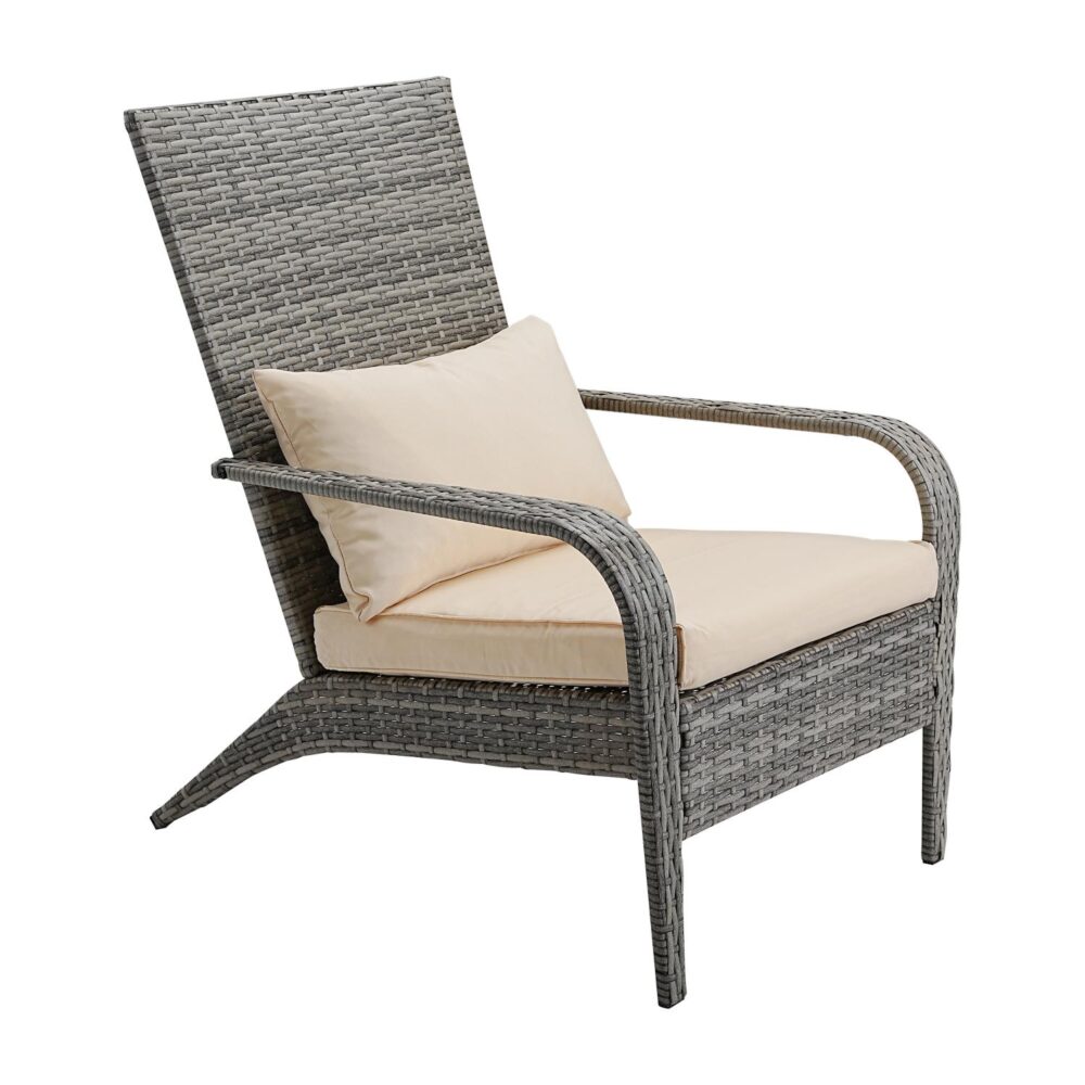 Wicker chair with beige cushion on a white background