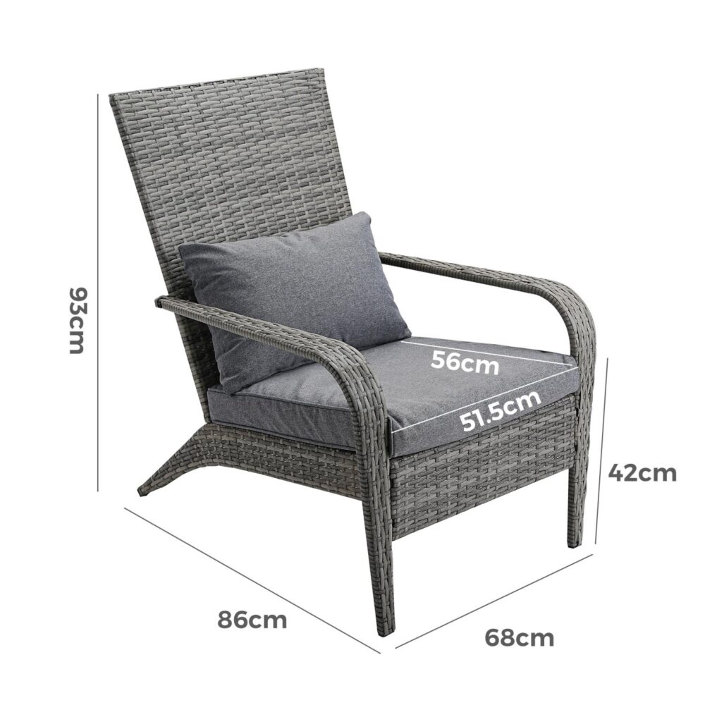 Gray wicker chair with cushions and dimensions labeled on a white background