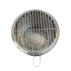 A cylindrical stainless steel fire pit looking down inside it with a grill on top and perforations for ventilation set on a solid white background.