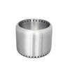 A cylindrical stainless steel fire pit with perforations for ventilation set on a solid white background.