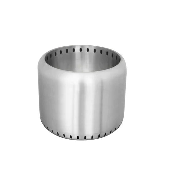 A cylindrical stainless steel fire pit with perforations for ventilation set on a solid white background.