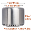 A cylindrical stainless steel fire pit with perforations for ventilation showing its dimensions and set on a white background.