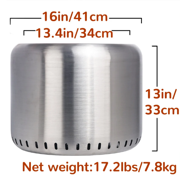 A cylindrical stainless steel fire pit with perforations for ventilation showing its dimensions and set on a white background.