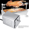 Rotisserie grill with meats cooking on a black background