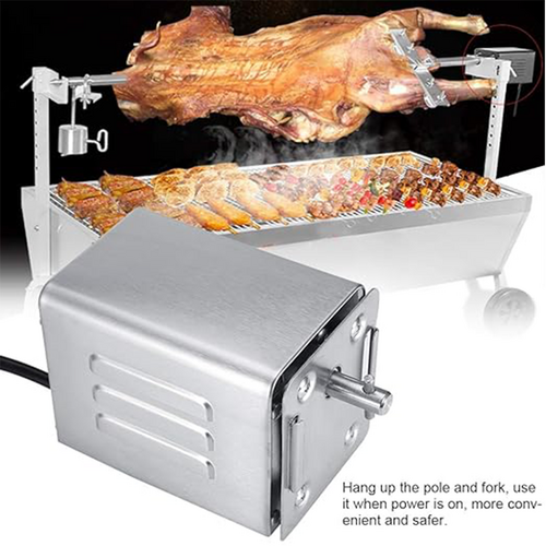 Rotisserie grill with meats cooking on a black background