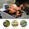 Roasted lamb on a rotisserie grill with additional images of grilling activities.