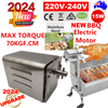 Stainless steel Electric BBQ Rotisserie Motor Spit with various features highlighted, including power specifications and material details.