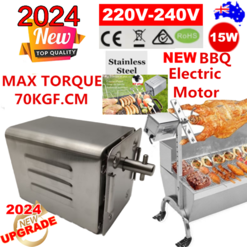 Stainless steel Electric BBQ Rotisserie Motor Spit with various features highlighted, including power specifications and material details.