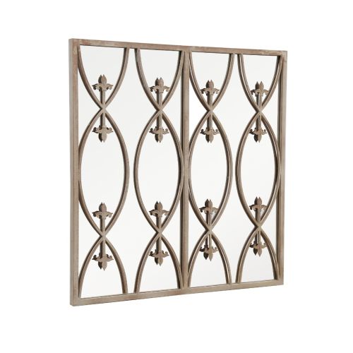 Decorative metal wall panel with intricate designs on a white background