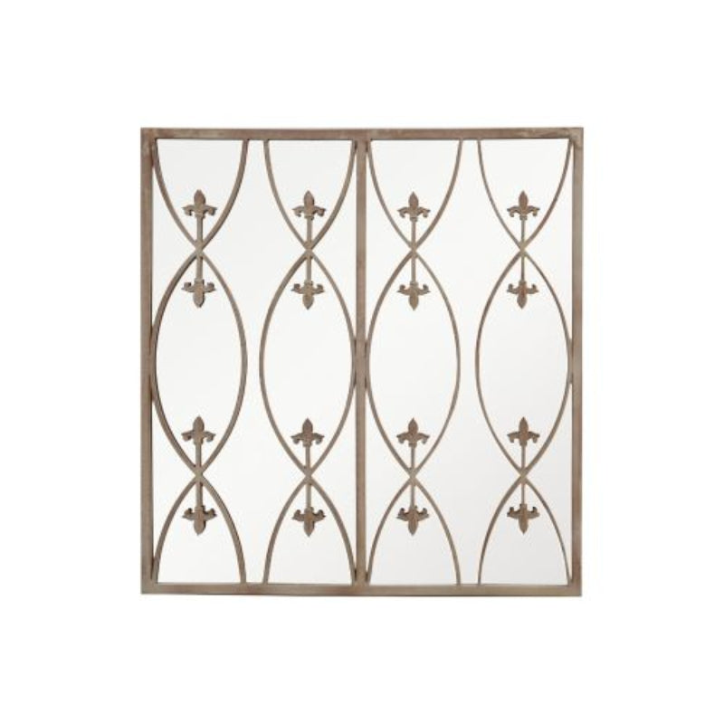Decorative metal wall panelled mirror with intricate patterns on a white background