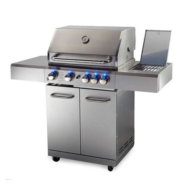 A stainless steel EuroGrille 5 Burner Outdoor BBQ Grill with blue LED lights on the burners, a closed lid, and a side table with an open lid.