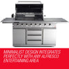 EuroGrille 8 Burner Outdoor BBQ Grill made of stainless steel with an open grill and rotisserie, displayed against a white background.