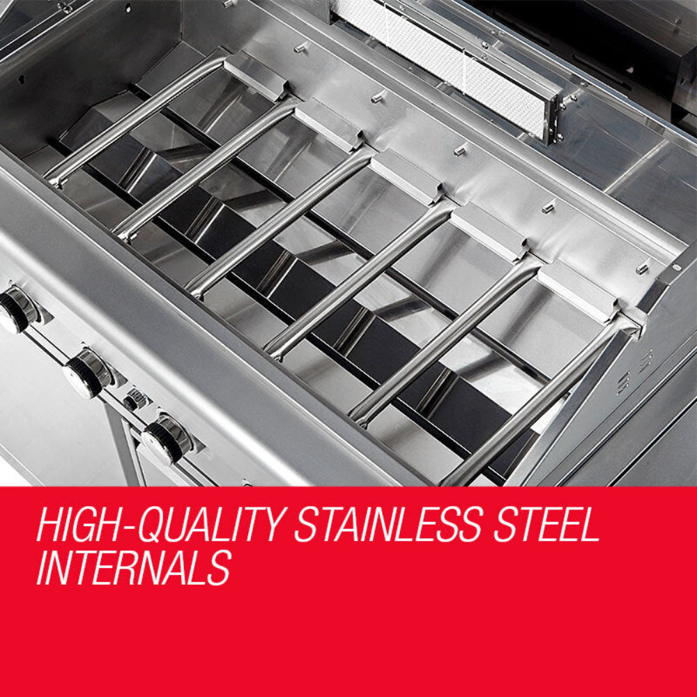 Close up of the stainless steel EuroGrille 8 Burner Outdoor BBQ Grill showcasing the high quality internals.