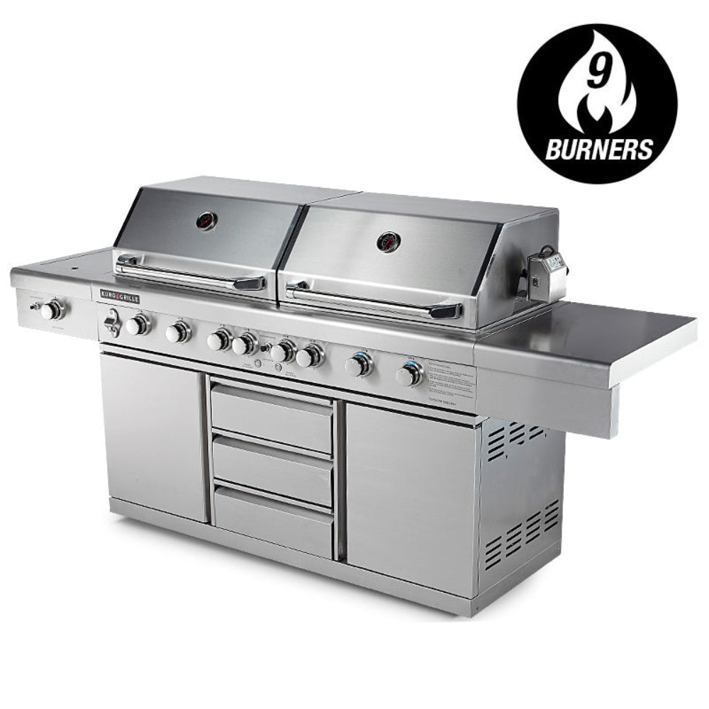 EuroGrille 9 Burner Outdoor BBQ Grill made of stainless steel, displayed against a white background.