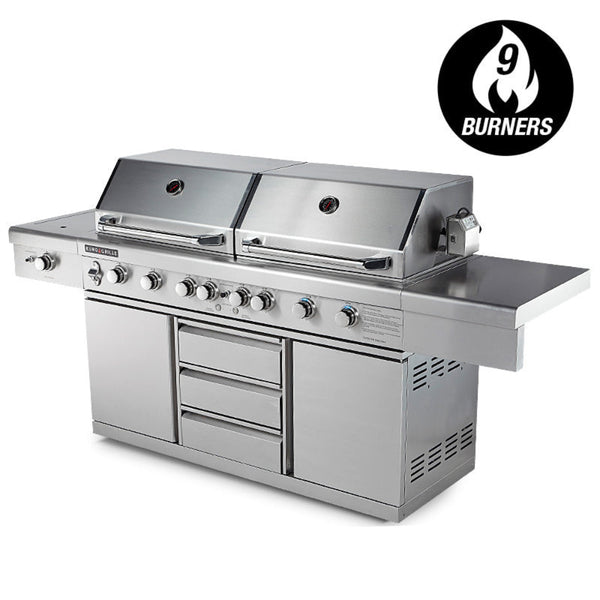EuroGrille 9 Burner Outdoor BBQ Grill made of stainless steel, displayed against a white background.